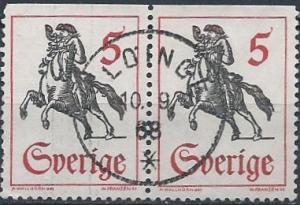 Sweden 756 (used pair, Slöinge postmk) 5ö post rider (perf. 12½ on 3 sides)