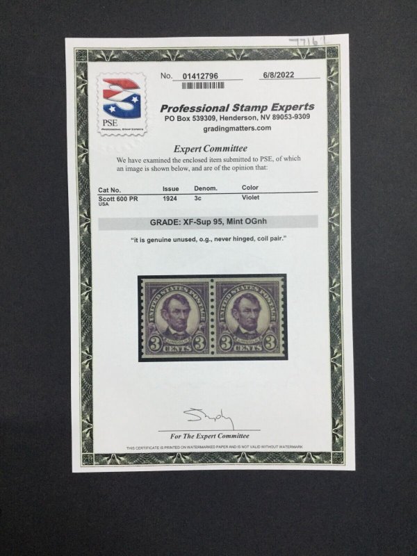 MOMEN: US STAMPS #600 PAIR MINT OG NH PSE GRADED CERT XF-SUP 95 LOT #77161