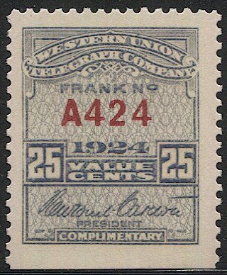 US 1924 Sc 16T66 MLH Western Union Telegraph Co., Serial #A424, VF