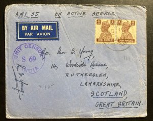 1940s India On Active Service Censored Airmail Cover to Lanarkshire Scotland