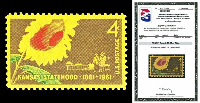 Scott 1183 1961 4c Kansas Statehood Issue Mint Graded Superb 98 NH with PSE CERT