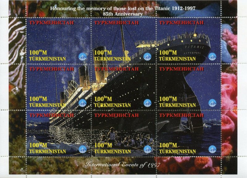 Turkmenistan Ships Stamps 1997 MNH Titanic 85th Anniv Nautical 9v M/S 