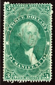 R86c - US Manifest Revenue - $3 Green - perf - USA Revenue Stamp