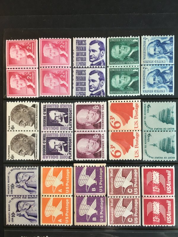 US 15 Different Coil Joint Line Pairs JLP all MNH, FV $4+