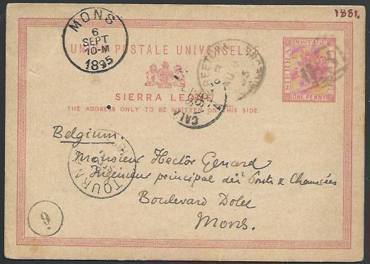 SIERRA LEONE 1895 QV 1d postcard used to Belgium - commercial..............56814