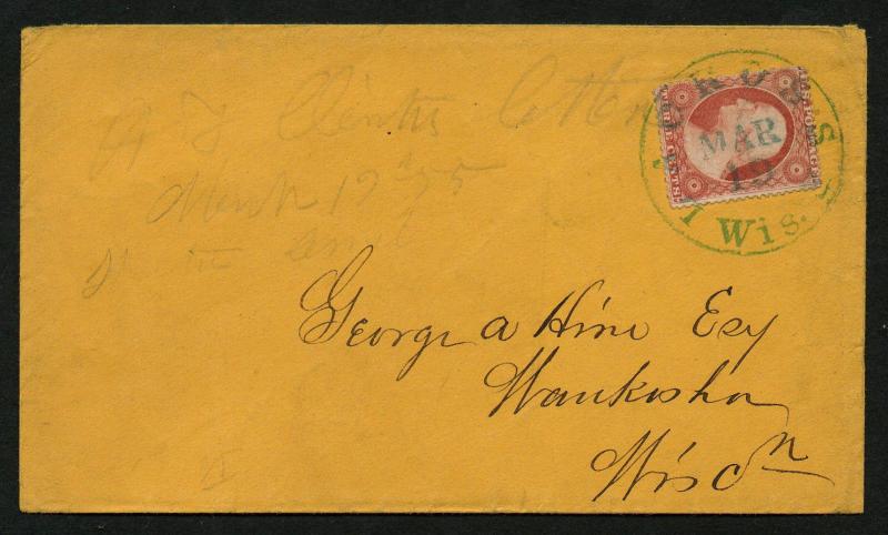 US Scott #25 on Cover, Green CDS Cancel Lacrosse, WI, March 19, 1855