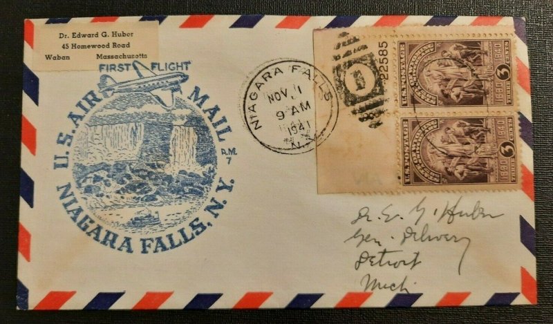 1941 Air Mail First Flight Illustrated Cachet Niagara Falls NY Detroit MI