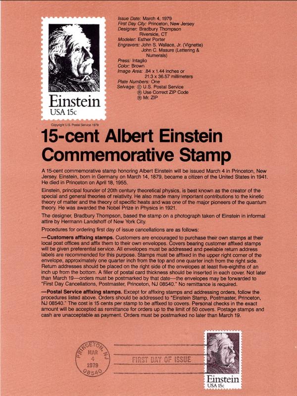 US SP464 Einstein 1774 Souvenir Page FDC