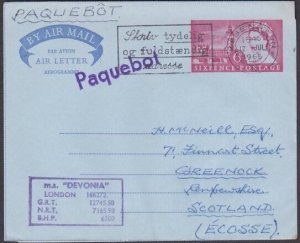 GB DENMARK 1965 6d airletter Copenhagen PAQUEBOT, MS Devonia ship cachet...A1462