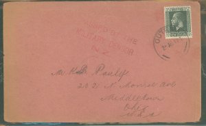 New Zealand 161 1917 cover from Outram to US.  Passed by the Military censor in red, corners rounded.