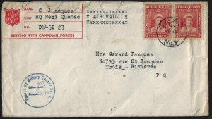 CANADA 1944 SALVATION ARMY WWII MILITARY CENSORED COVER GAPO NO 4 TO TROIS RIVIE