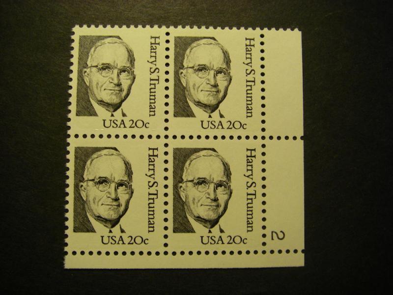 Scott 1862a, 20c Harry S. Truman, PB4 #2 LR, MNH Great Americans Beauty