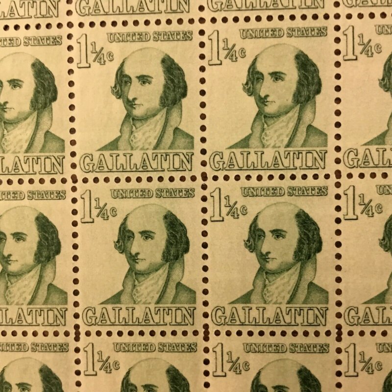  1279 Albert Gallatin, Treasury.  MNH sheet of 100. 1 1/4 cents.  Issued in 1958