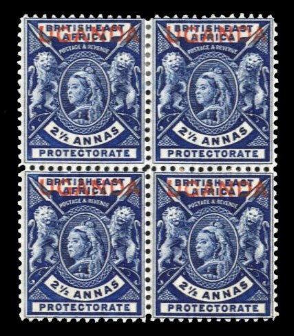 Uganda #78 Cat$20+, 1902 2 1/2a dark blue, block of four, hinged