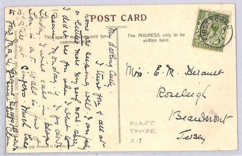 GB Channel Islands JERSEY Postcard Super *FIRST TOWER* CDS 1913 {samwells}ZJ103