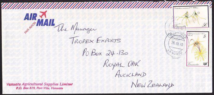 VANUATU 1993 cover to NZ, Orchids franking inc. provisional 5v opt.........67412