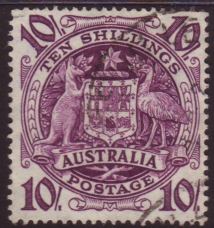 Australia 1949 Sc#219, SG224b 10 Shilling Purple Arms USED.