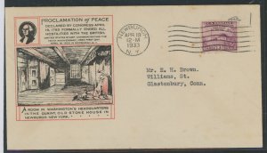 US 727 (1933) 3c Washington Headquarters(single) on an addressed (typed) First Day cover with an 100R cachet