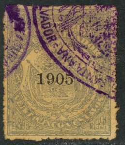 EL SALVADOR 1905 25c ARMS Municipal Revenue Ross M99 VFU