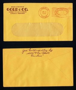 Meter cover from Gold & Co., Lincoln, Nebraska dated 1-6-1932