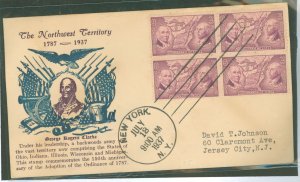 US 795 1937 3c Northwest territory ordinance (block of four) on an addressed (typed) fdc with a cachet from an unknown publisher