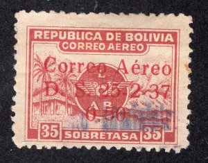 Bolivia 1937 50c on 35c red brown Surcharge, Scott C54 used, value = $1.00