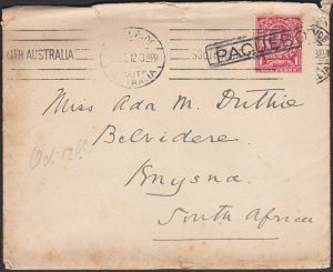 AUSTRALIA 1912 GB 1d on cover ADELAIDE PAQUEBOT to South Africa.............Q733