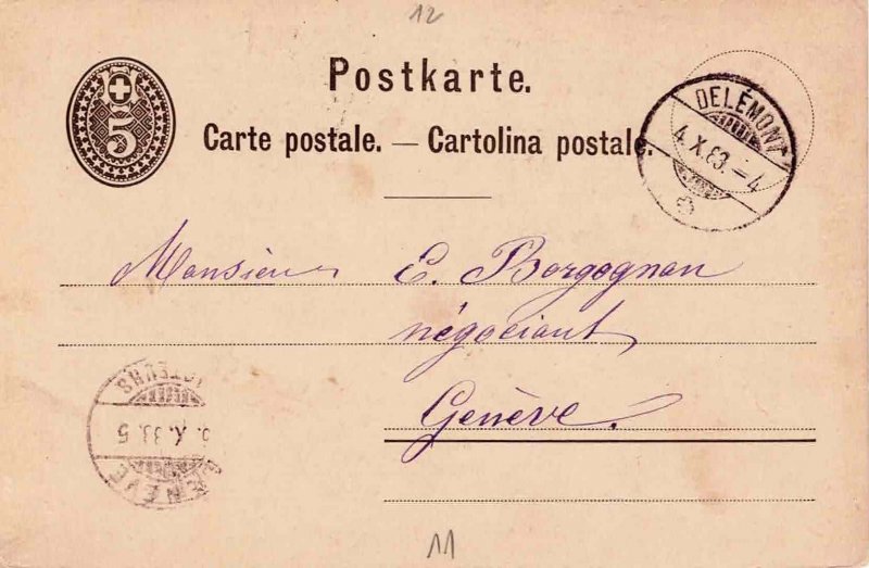 Switzerland 1883 Postal Card Stationery Delemont to Geneva Carte Postale