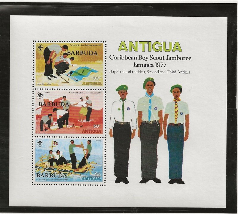 BARBUDA Sc 290-96+296a NH SET+S/S of 1977 - OVERPRINTS ON ANTIGUA ISSUE - SCOUTS 