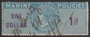 STRAITS SETTLEMENTS 1869 QV Marine Policies $1 blue & violet revenue, perf 14.