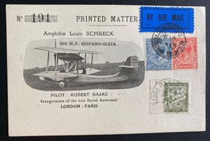 1925 London England Amphibie Schreck Fluvial Aero Mail PC Cover to Paris France