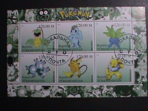 TURKMENISTAN -2000 LOVELY FAMPOUS POKEMON CTO FANCY POSTAL CANCEL S/S VF