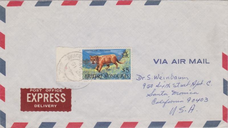 British Honduras $5 Mountain Lion 1971 Corozal Town, British Honduras Airmail...