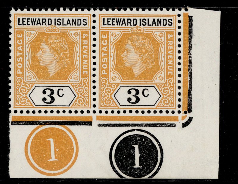 LEEWARD ISLANDS QEII SG129, 3c yellow-orange and black, NH MINT. CONTROL. PAIR