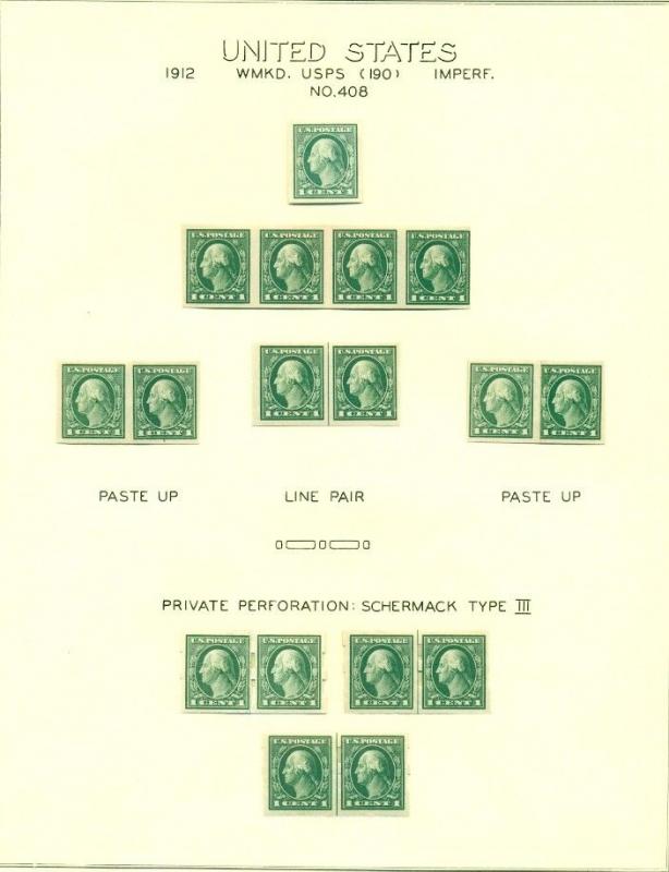 408, 1¢ GREEN IMPERF STUDY INCL. PASTE UPS, VENDING MACH. & PLATE NO. BLOCKS VF