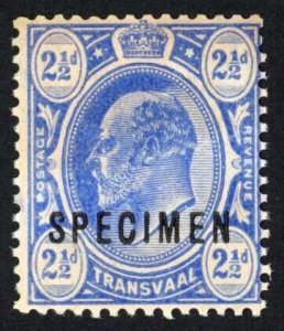 Transvaal SG276s 2 1/2d Bright Blue no gum and toned Opt SPECIMEN