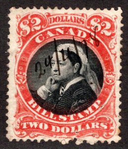 FB53, van Dam, $2, red + black centre, Used, Canada, Third Bill Issue Revenue