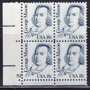 United States 1980 Great Americans 18c George Means Plate Number Block VF/NH