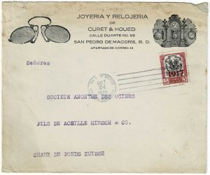 Dominican Republic 1920 San Pedro de Macoris cancel on ad cover for glasses