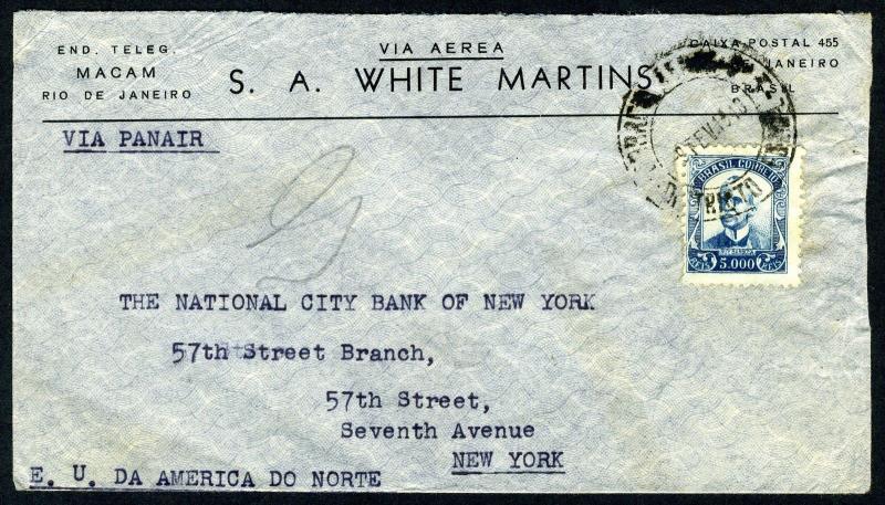 BRAZIL RIO DE JANEIRO 2/9/40 COVER TO NEW YORK 2/15/40 AS SHOWN 