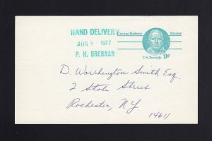 UX70 9c Postal Card - HAND DELIVERY/AUG 5, 1977/P.H. BRENNAN Hand Stamp