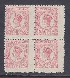 New Zealand Sc P3b MNH. 1875 ½p rose QV newspaper stamp, block of 4, fresh