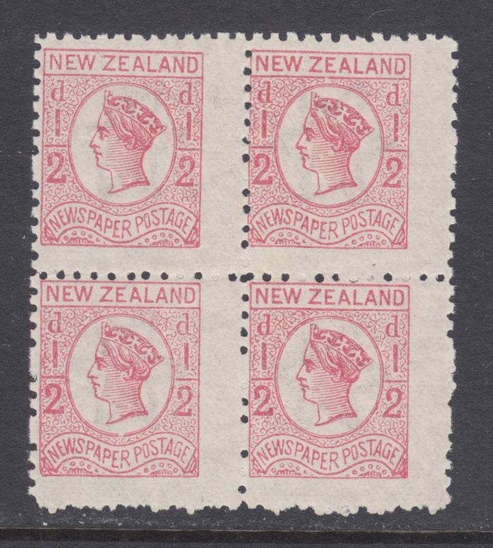 New Zealand Sc P3b MNH. 1875 ½p rose QV newspaper stamp, block of 4, fresh