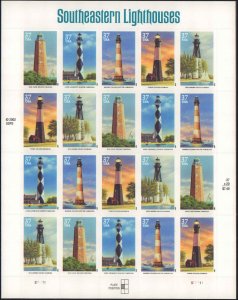 United States #3787-3791, Complete Set, Pane of 20, W/ 3788a, 2003, Lighthous...