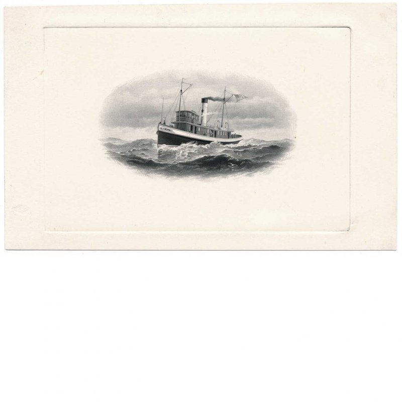 Tugboat Vignette Proof, BEP 1896 Special Engineer Inspector’s License Steamers