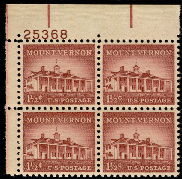 US #1032 PLATE BLOCK 1 1/2c Mt Vernon, VF/XF mint never hinged, very fresh co...