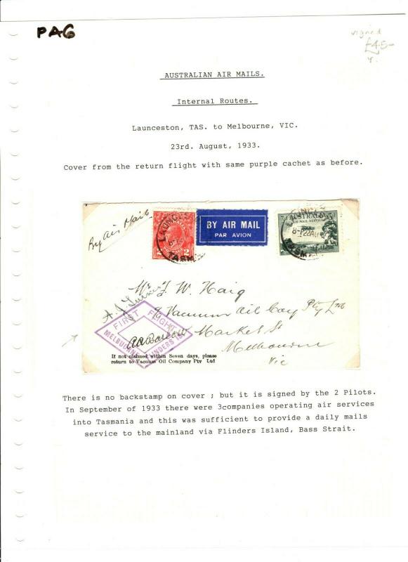 AUSTRALIA Air Mail Launceston Melbourne First Flight Pilot Signed 1933 PA6