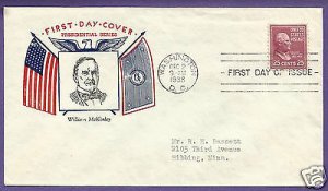 829  McKINLEY 25c 1938, FIDELITY FIRST DAY COVER, ADDR.