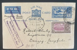 1931 Jubbulpore India Early Airmail PS Postcard cover To Danzig Germany