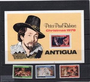 ANTIGUA 1978 CHRISTMAS PAINTINGSBY RUBENS SET OF 3 STAMPS & S/S MNH